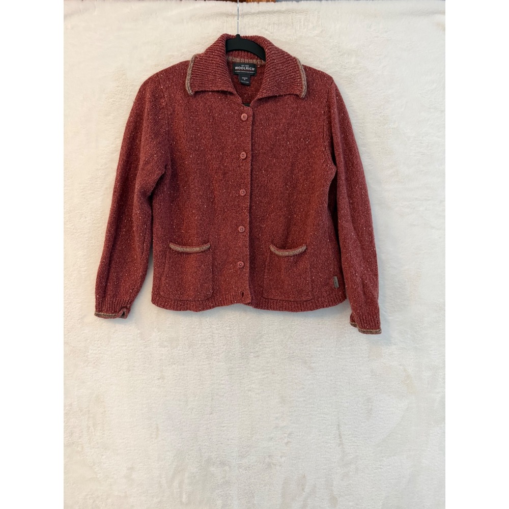 Woolrich Cardigan Sweater Womens Medium Red Wool Blend Button Front Collared
